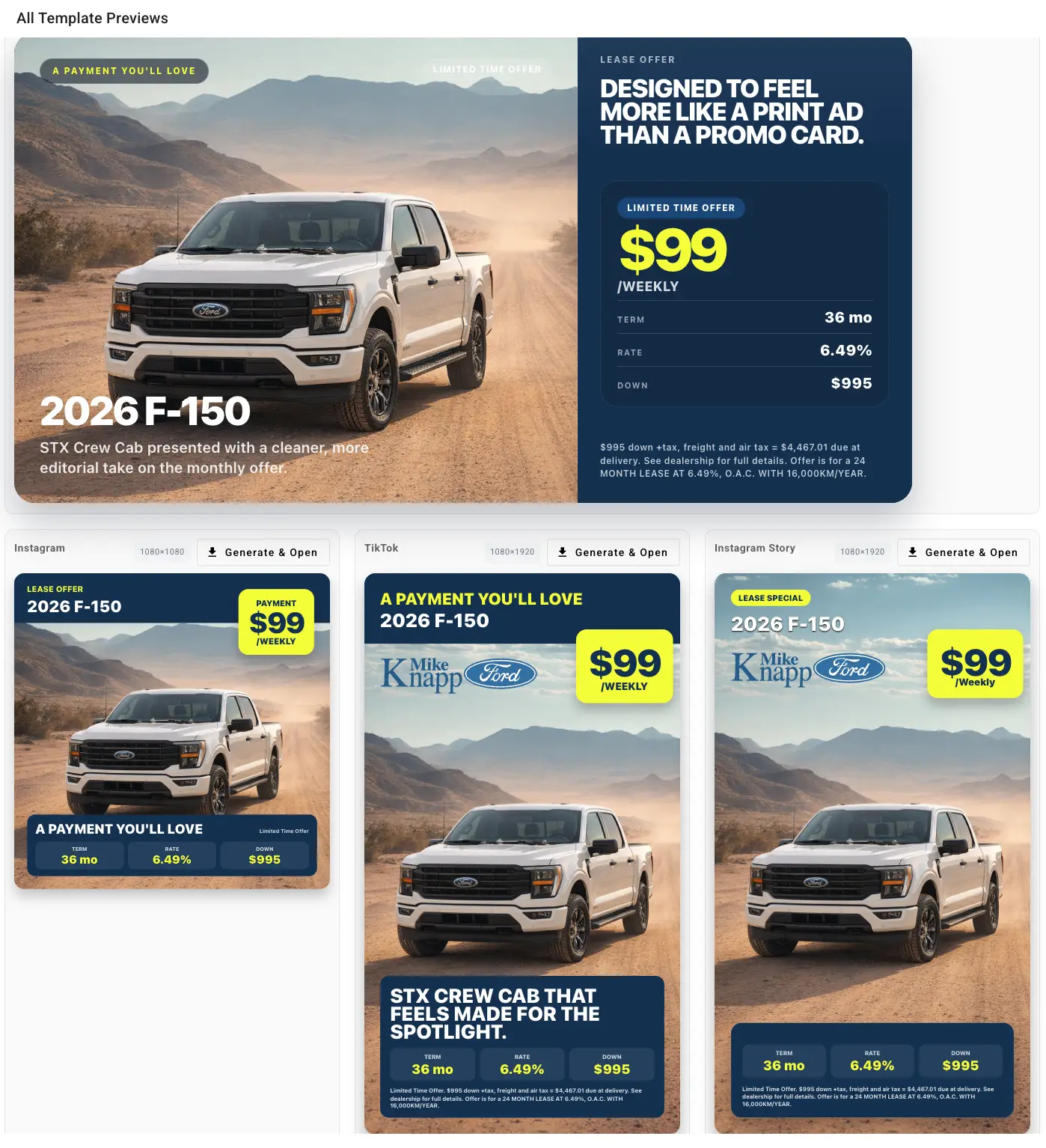 Dealer Social Studio example showing dealership social ads and campaign creative